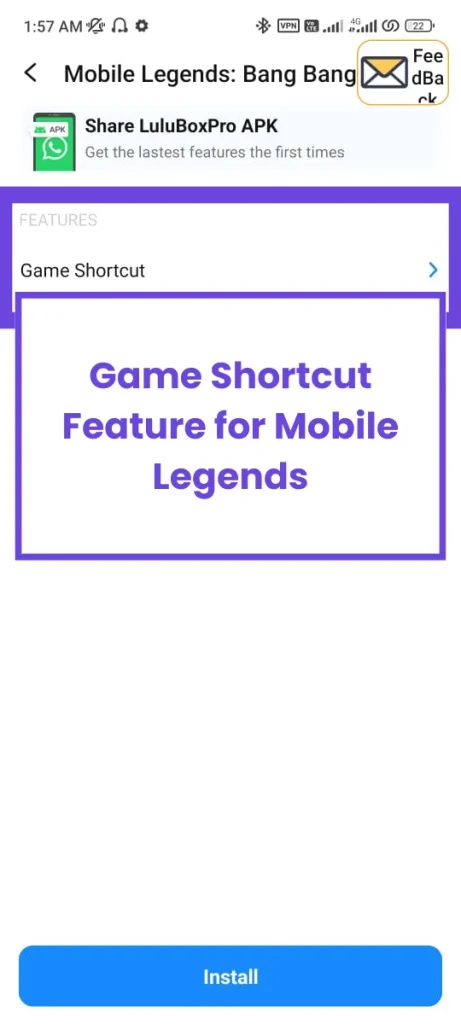An option to create game shortcut for Mobile Legends in Lulubox Pro
