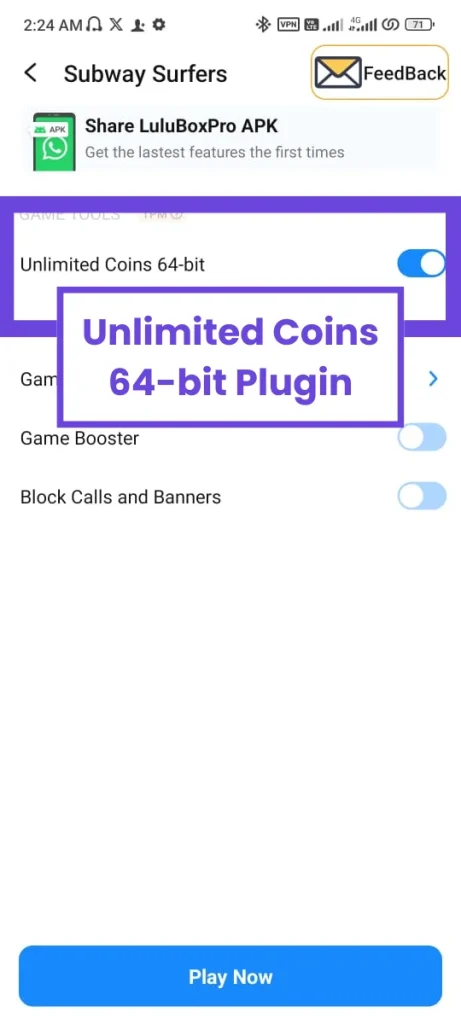 Unlimited Coins 64-bit Plugin for Lulubox Subway Surfers in Lulubox Pro